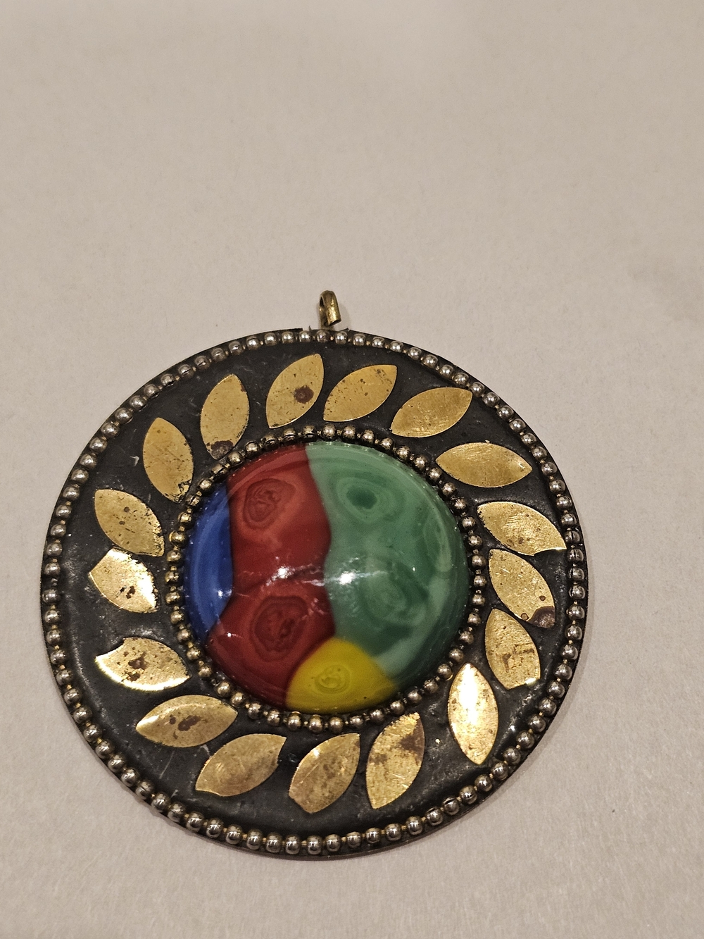 Vintage 1970s Bold Multicolor Art Glass Cabochon Circular Statement Pendant